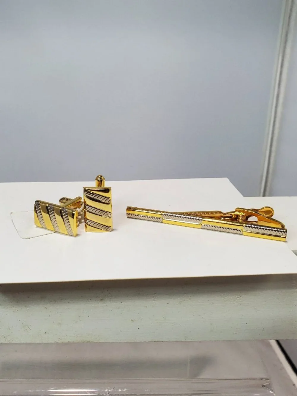 Gold-Tone & Silver-Tone Striped 3-Piece Cufflink and Tie Clip Set